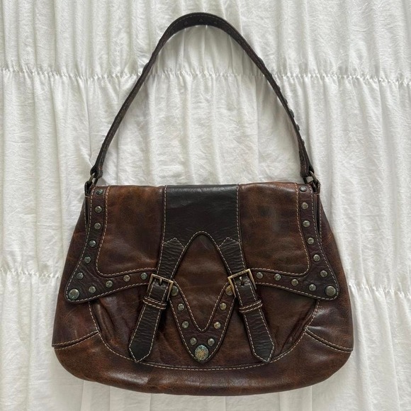 ROBERTO CAVALLI Brown Western Glam Leather Boho Turquoise Studded Structured Bag main image 6